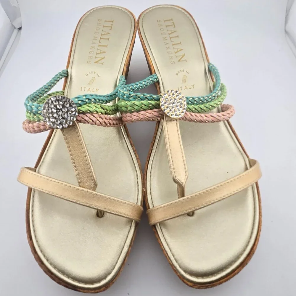Italian Shoemakers Rhinestone Braided Wedge Sandals Tan Women’s 10